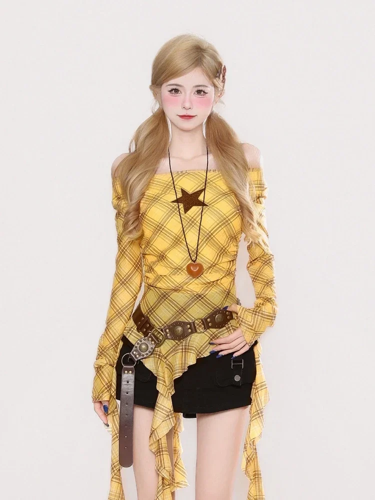 Y2K Plaid Slash Neck Vintage T - đánh giá và giá Embroidery